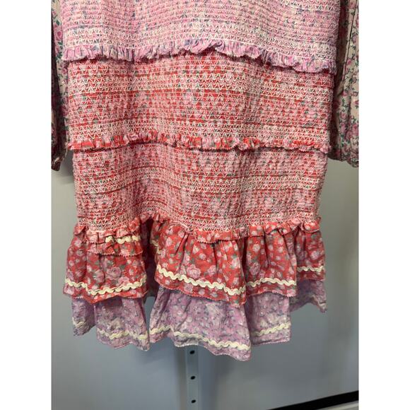 LOVE SHACK FANCY Women's Ensley Floral Print Smocked Mini Dress Pink Size Medium - Picture 8 of 11